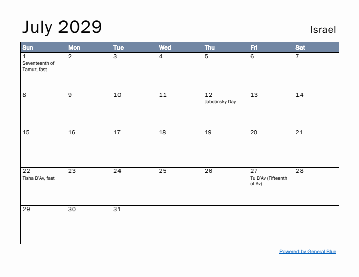 July 2029 Simple Monthly Calendar for Israel