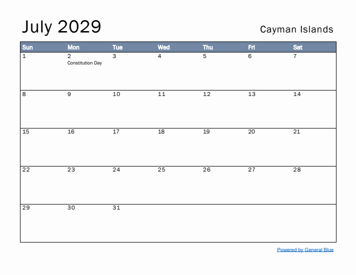 July 2029 Simple Monthly Calendar for Cayman Islands
