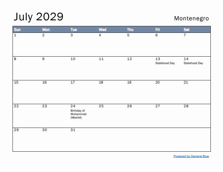 July 2029 Simple Monthly Calendar for Montenegro