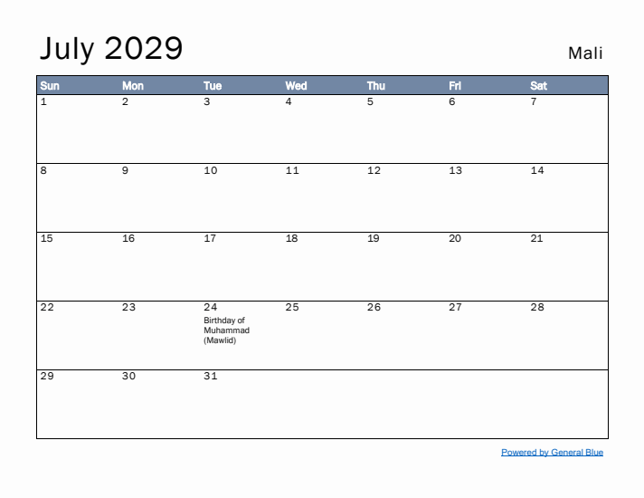 July 2029 Simple Monthly Calendar for Mali