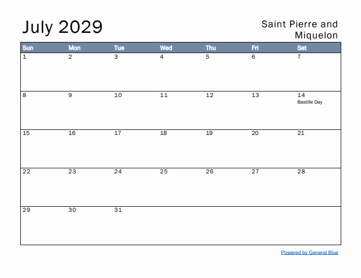 July 2029 Simple Monthly Calendar for Saint Pierre and Miquelon