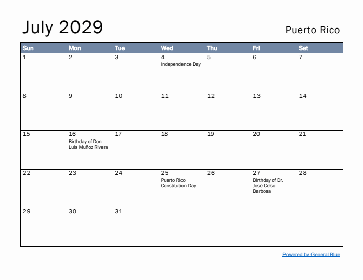 July 2029 Simple Monthly Calendar for Puerto Rico