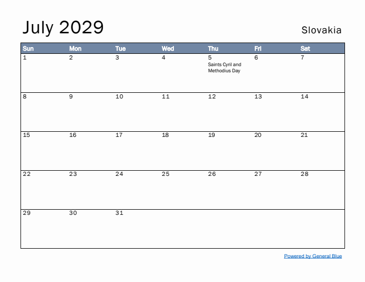 July 2029 Simple Monthly Calendar for Slovakia