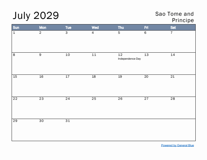 July 2029 Simple Monthly Calendar for Sao Tome and Principe