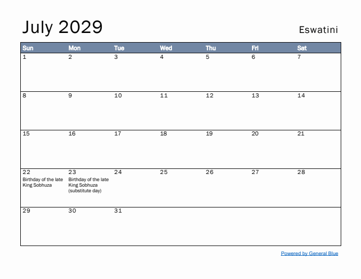 July 2029 Simple Monthly Calendar for Eswatini