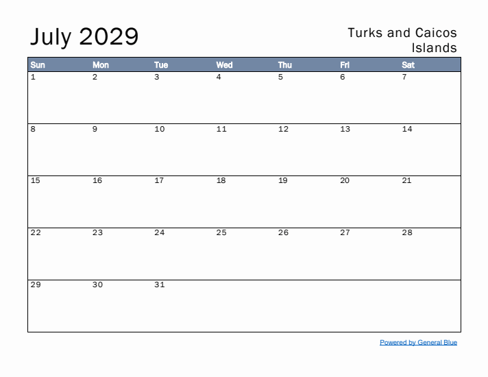 July 2029 Simple Monthly Calendar for Turks and Caicos Islands