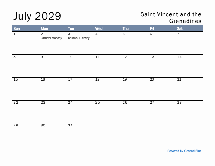 July 2029 Simple Monthly Calendar for Saint Vincent and the Grenadines