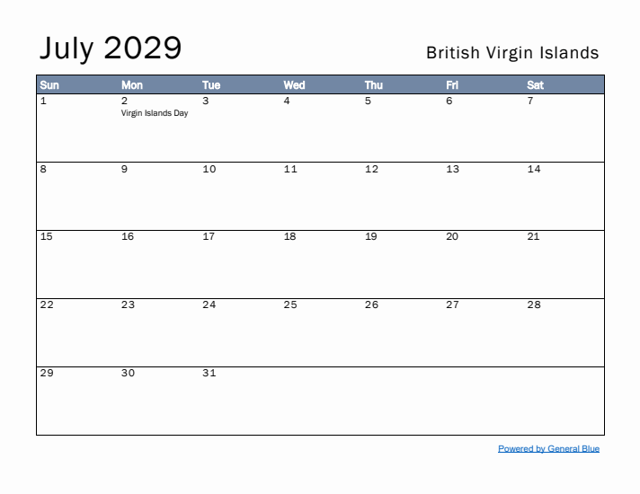 July 2029 Simple Monthly Calendar for British Virgin Islands