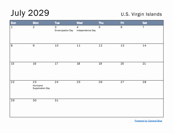 July 2029 Simple Monthly Calendar for U.S. Virgin Islands