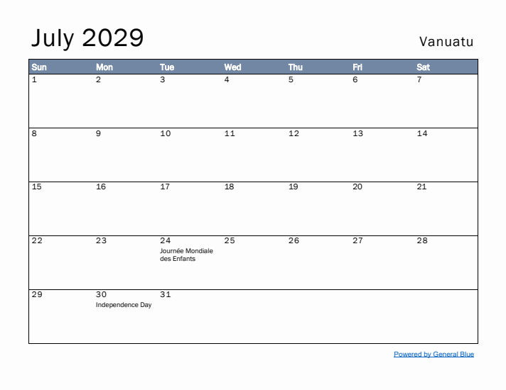July 2029 Simple Monthly Calendar for Vanuatu