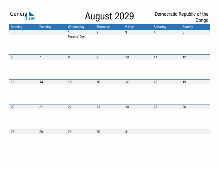 Fillable August 2029 Calendar