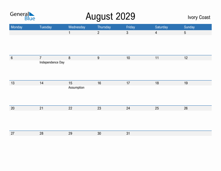 Fillable August 2029 Calendar