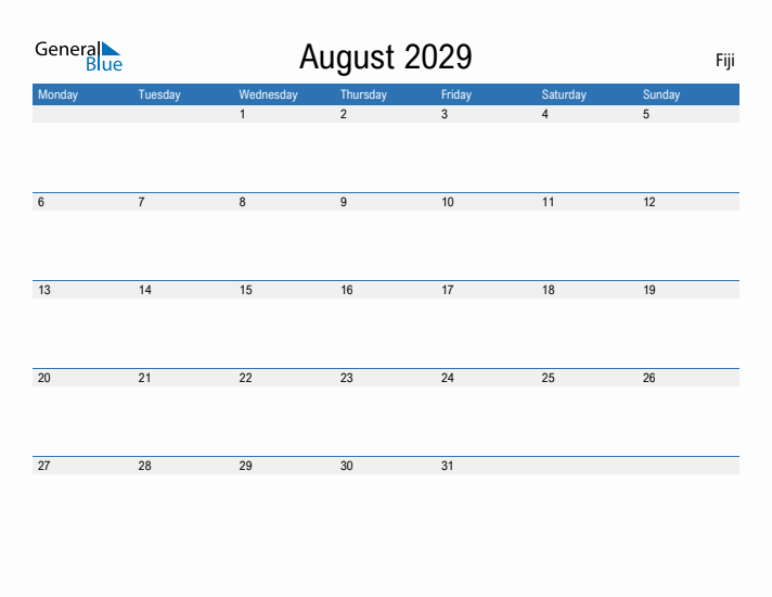 Fillable August 2029 Calendar