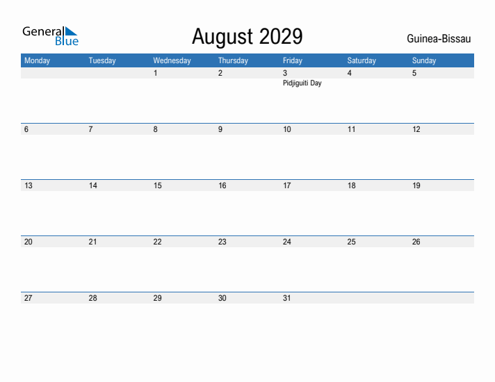 Fillable August 2029 Calendar