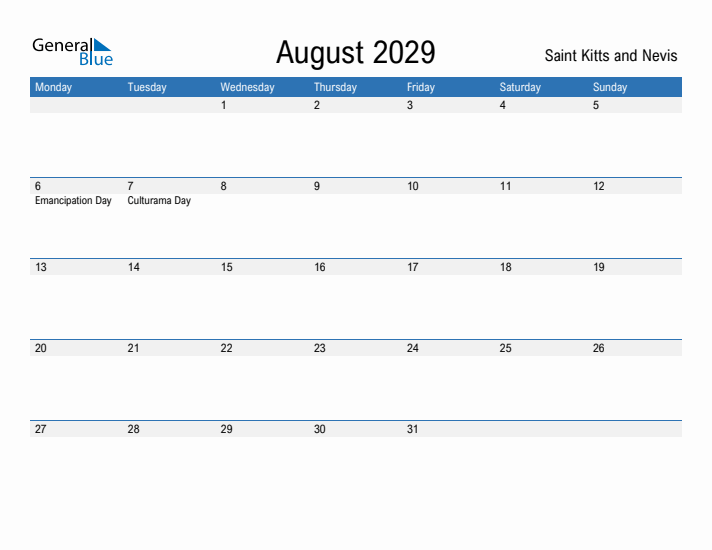 Fillable August 2029 Calendar