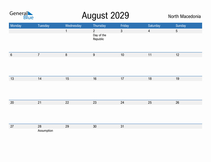 Fillable August 2029 Calendar