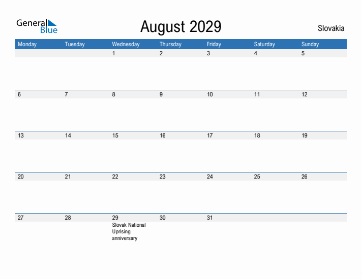 Fillable August 2029 Calendar
