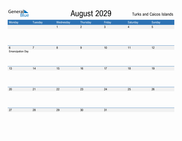 Fillable August 2029 Calendar