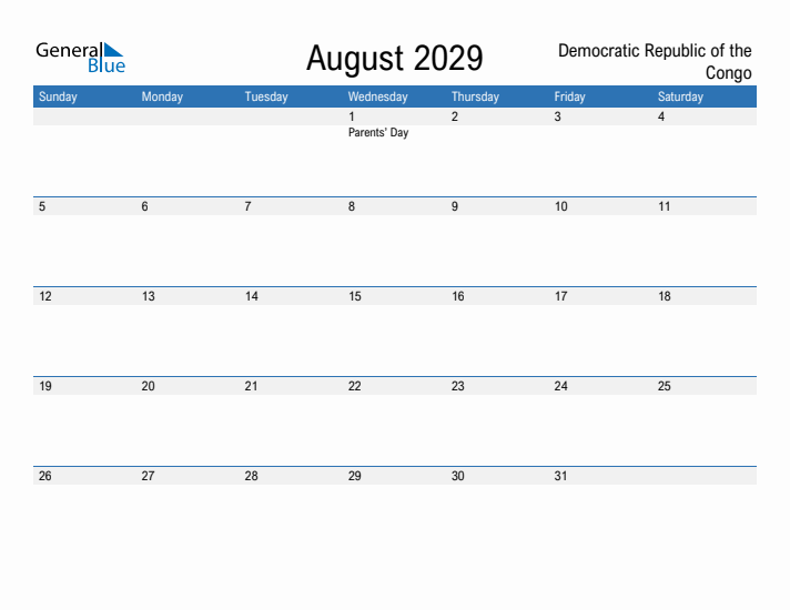 Fillable August 2029 Calendar