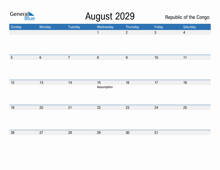 Fillable August 2029 Calendar