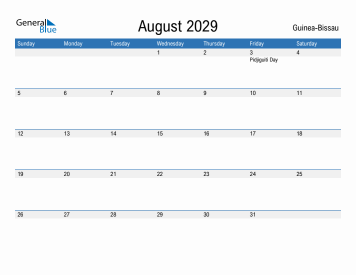 Fillable August 2029 Calendar
