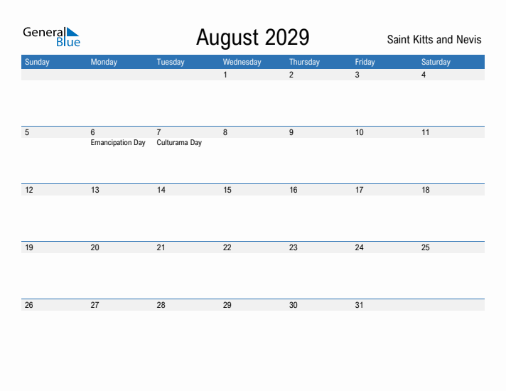 Fillable August 2029 Calendar