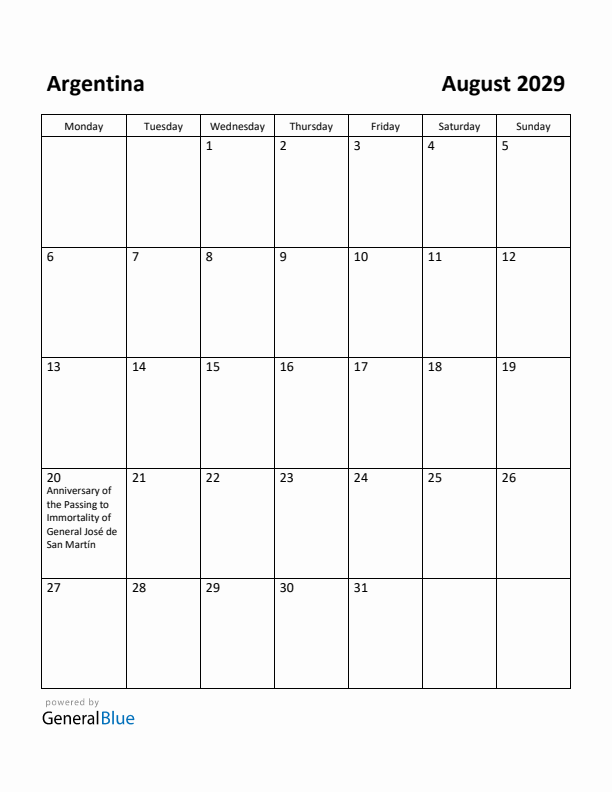 August 2029 Calendar with Argentina Holidays