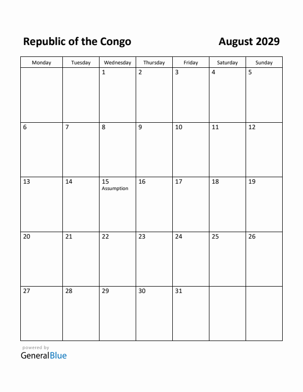 August 2029 Calendar with Republic of the Congo Holidays