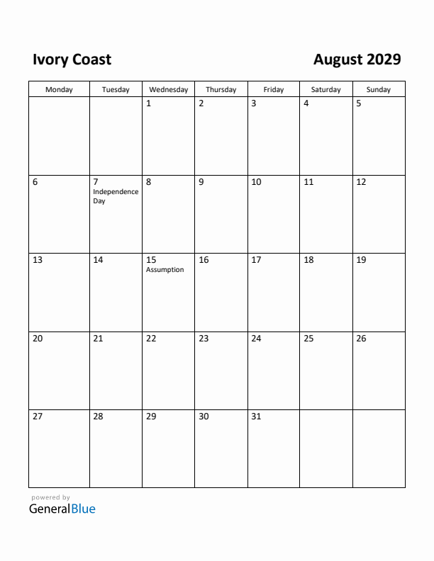 August 2029 Calendar with Ivory Coast Holidays