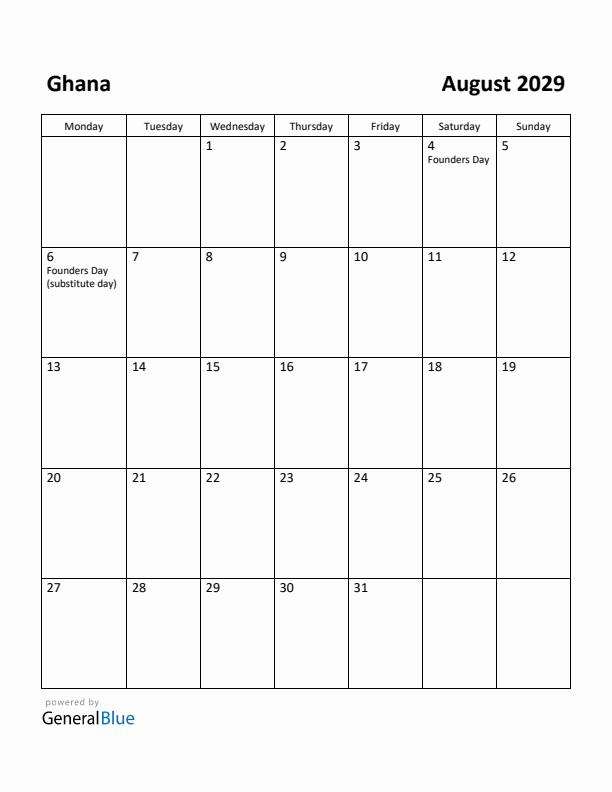August 2029 Calendar with Ghana Holidays