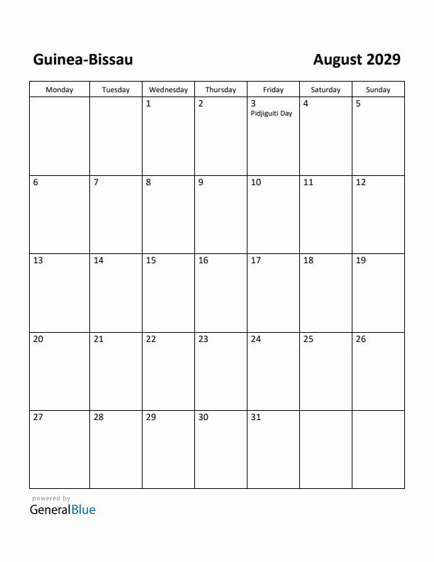 August 2029 Calendar with Guinea-Bissau Holidays
