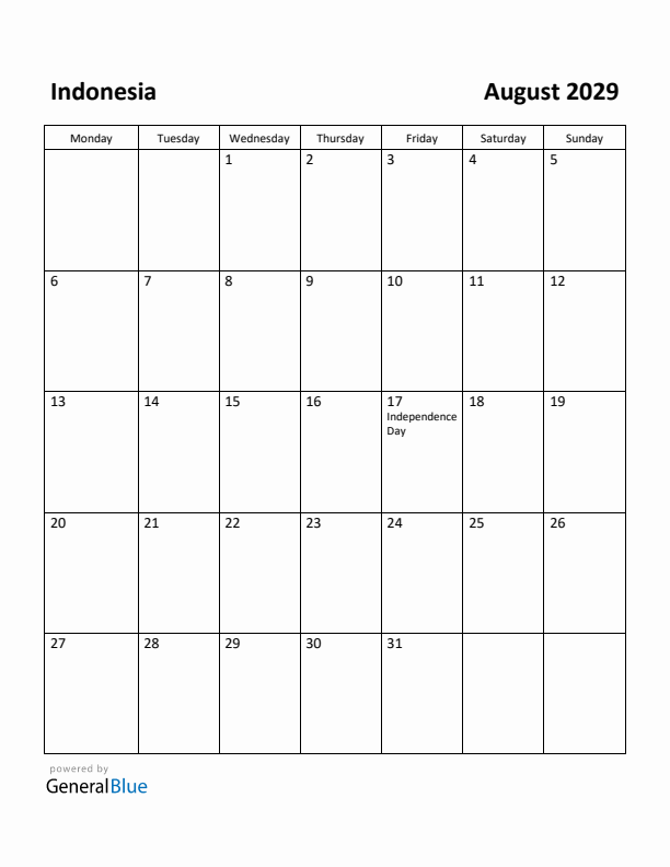 August 2029 Calendar with Indonesia Holidays