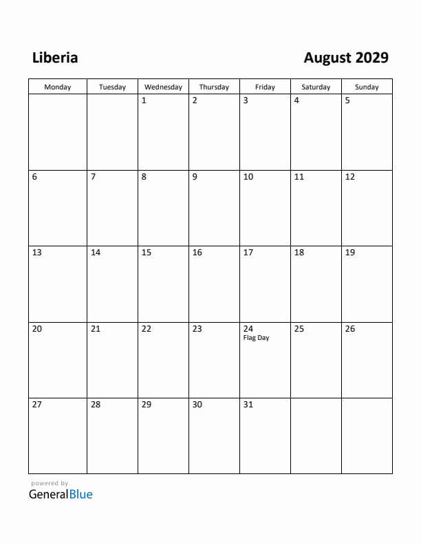 August 2029 Calendar with Liberia Holidays