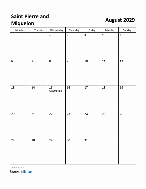 August 2029 Calendar with Saint Pierre and Miquelon Holidays
