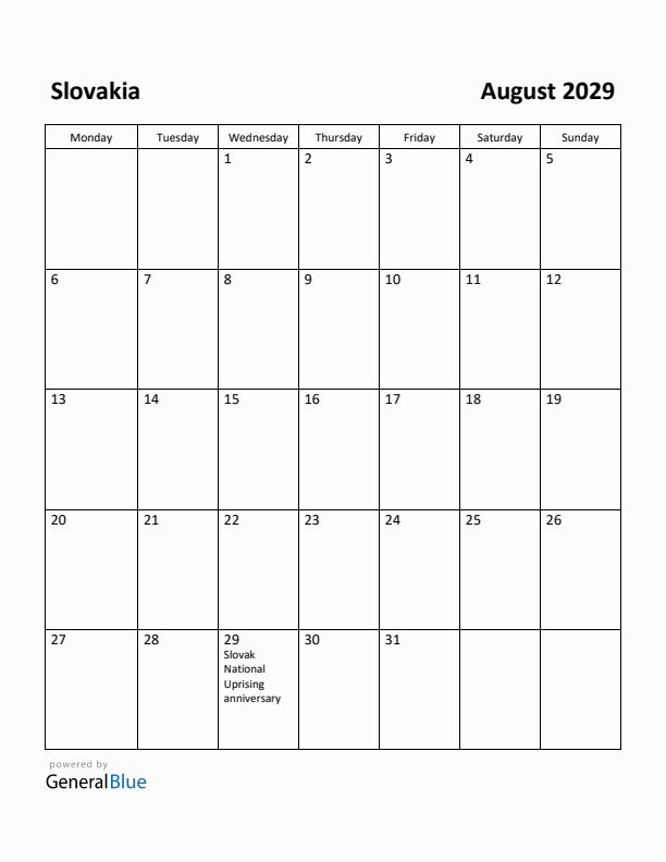 August 2029 Calendar with Slovakia Holidays