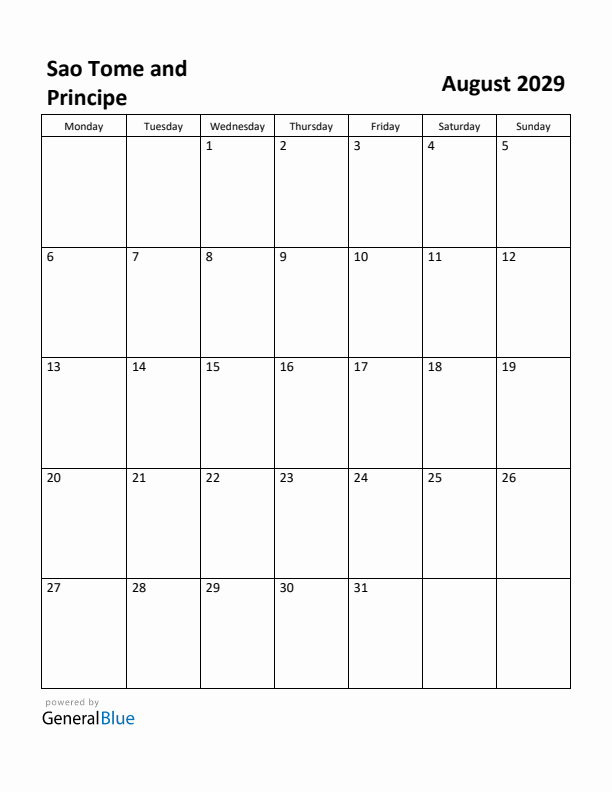 August 2029 Calendar with Sao Tome and Principe Holidays