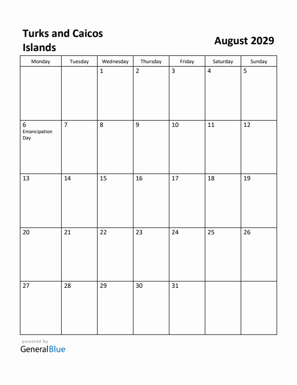 August 2029 Calendar with Turks and Caicos Islands Holidays