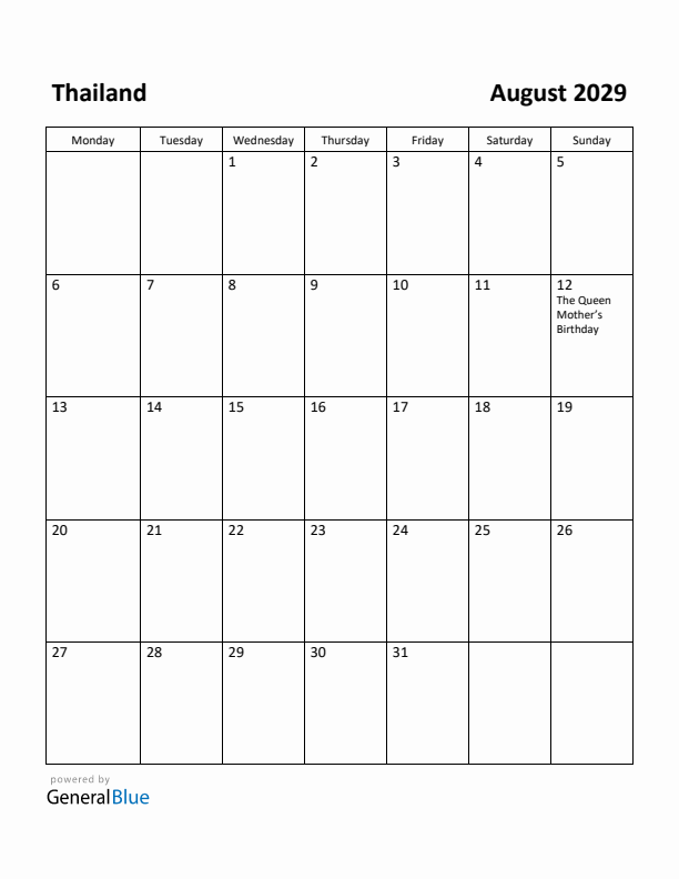 August 2029 Calendar with Thailand Holidays