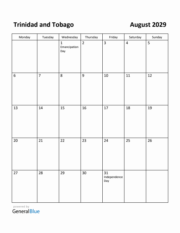 August 2029 Calendar with Trinidad and Tobago Holidays