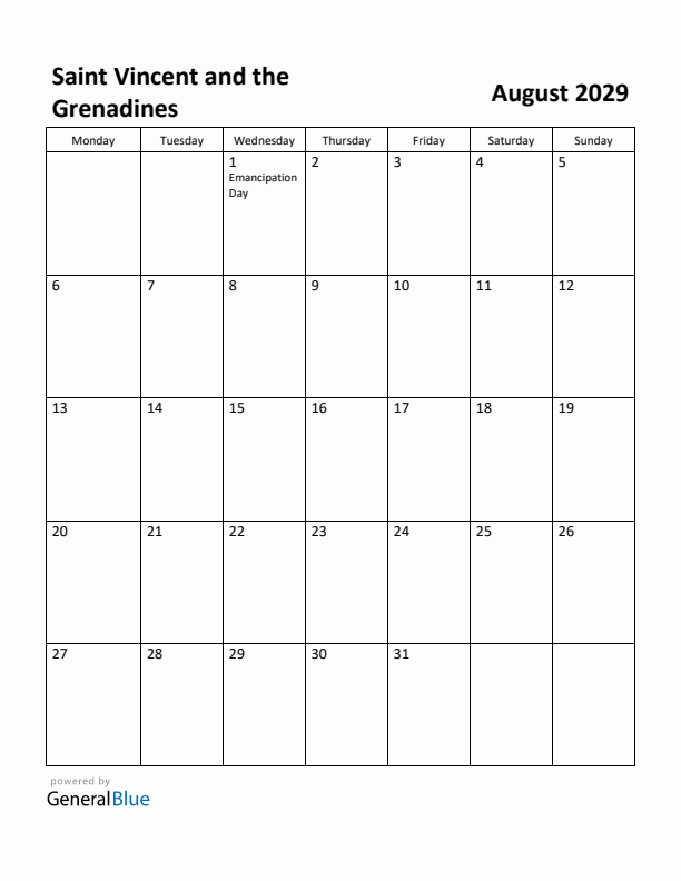 August 2029 Calendar with Saint Vincent and the Grenadines Holidays