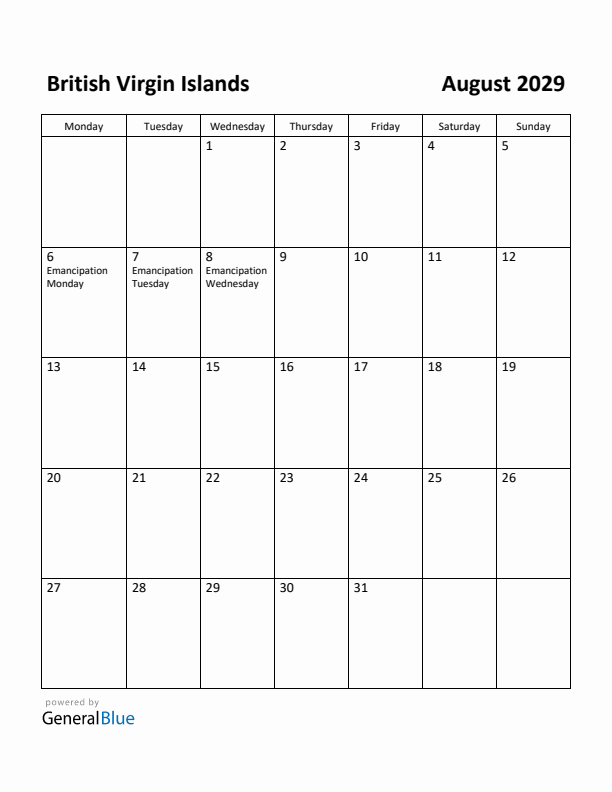 August 2029 Calendar with British Virgin Islands Holidays