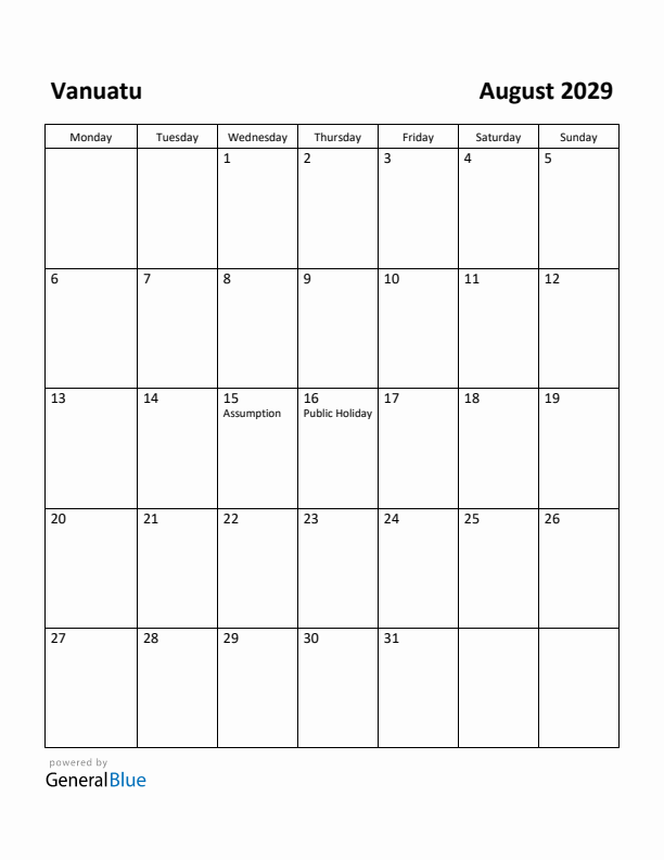 August 2029 Calendar with Vanuatu Holidays