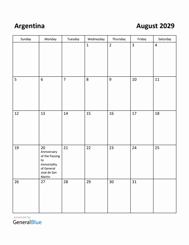 August 2029 Calendar with Argentina Holidays