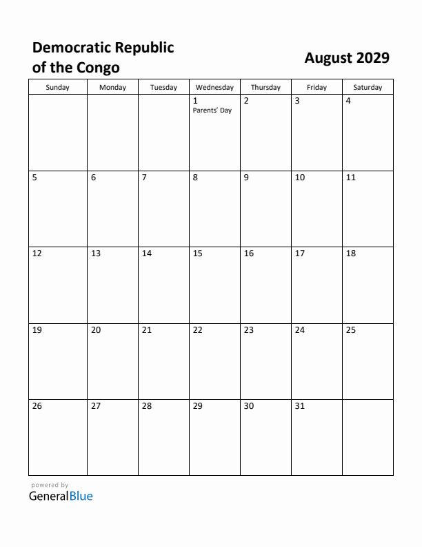 August 2029 Calendar with Democratic Republic of the Congo Holidays