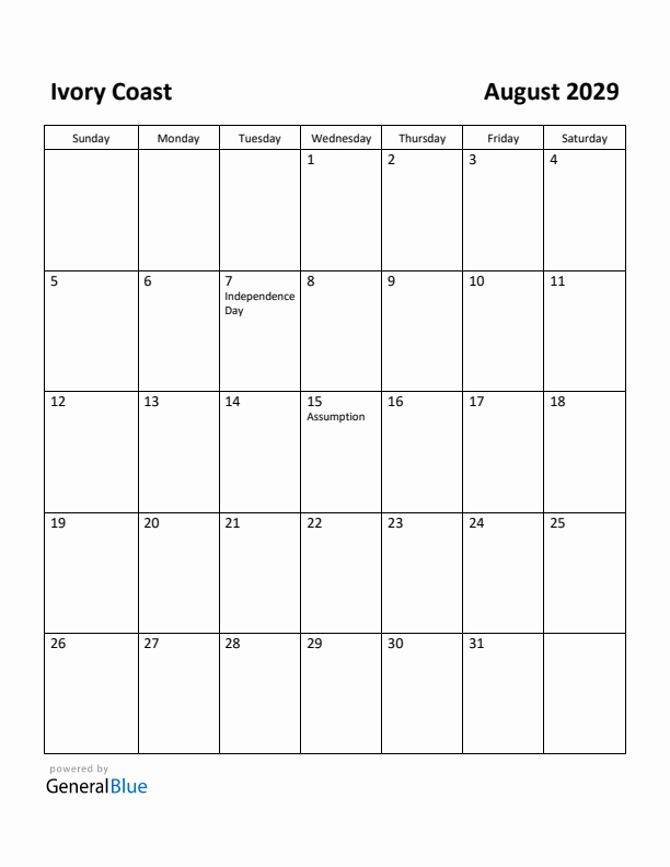 August 2029 Calendar with Ivory Coast Holidays