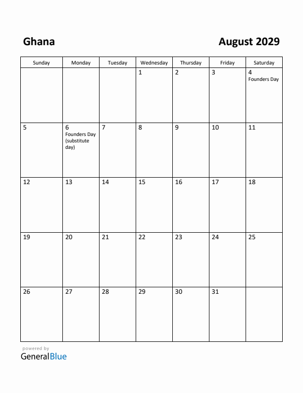 August 2029 Calendar with Ghana Holidays