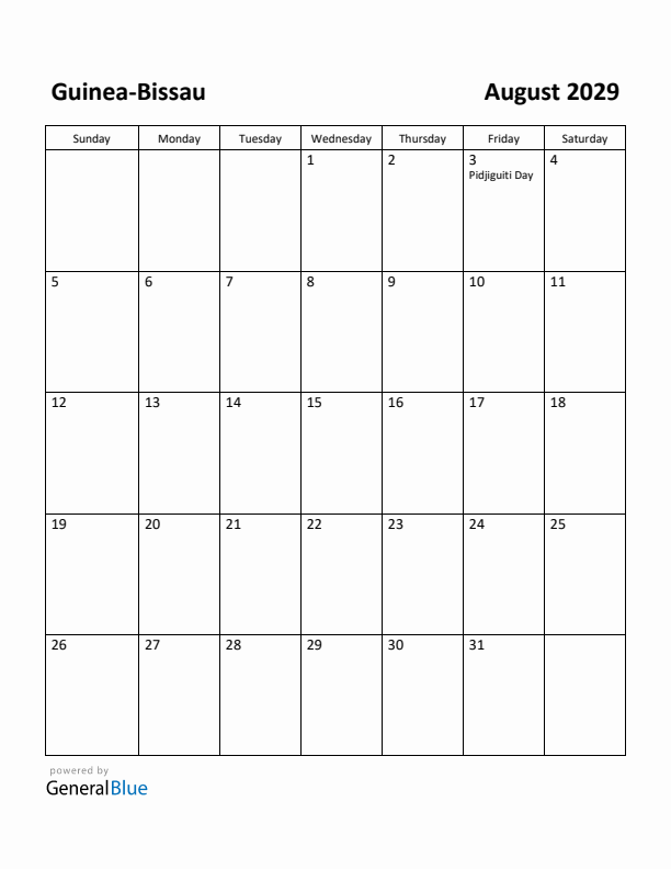 August 2029 Calendar with Guinea-Bissau Holidays