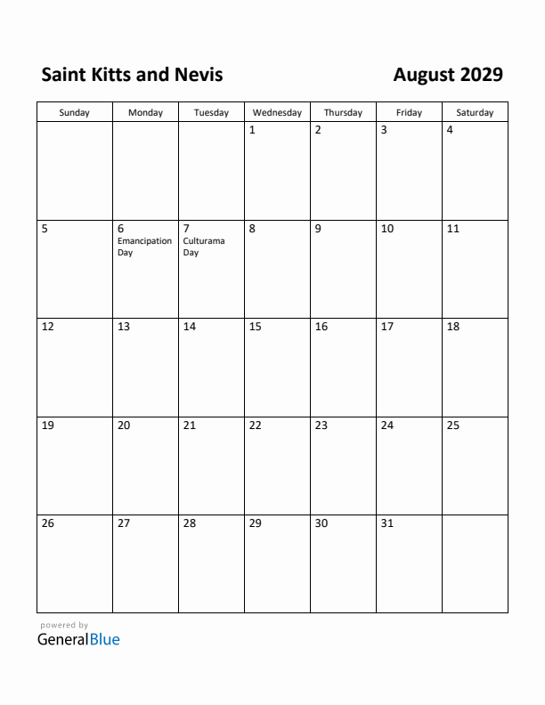 August 2029 Calendar with Saint Kitts and Nevis Holidays