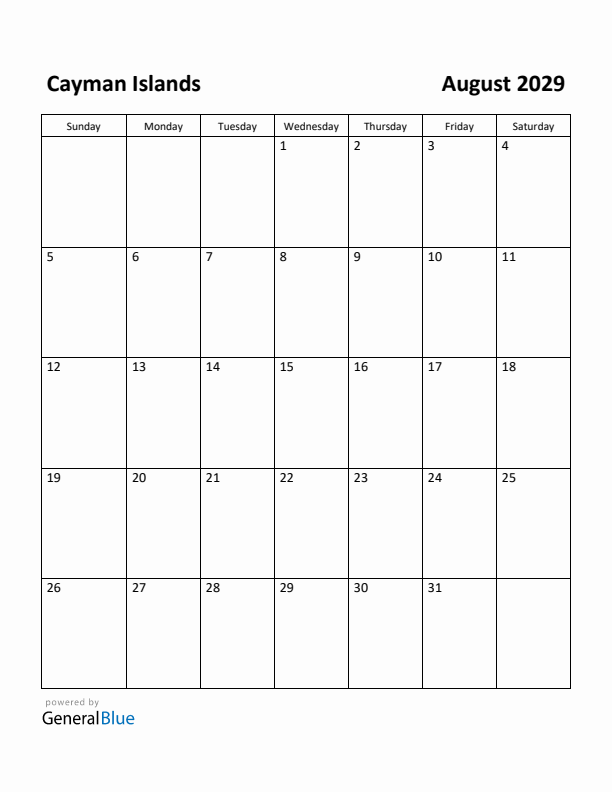August 2029 Calendar with Cayman Islands Holidays