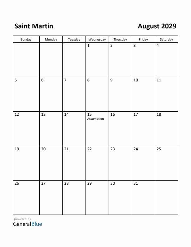 August 2029 Calendar with Saint Martin Holidays